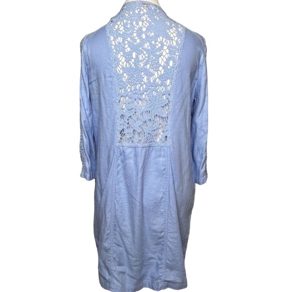 CHICO'S Cardigan Duster Lace details Light blue 2 side pockets Size 12 Like new - Picture 9 of 10